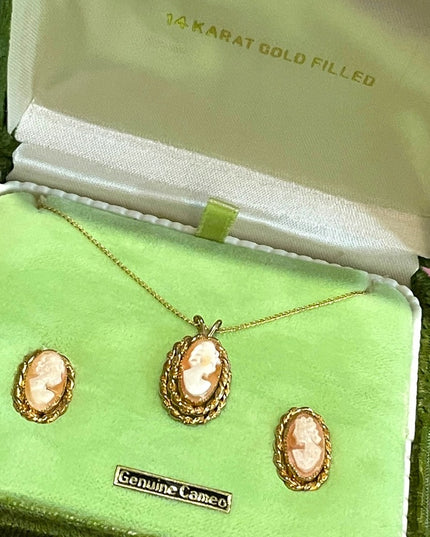 Vintage 1960s 14K Gold Filled Shell Cameo SET necklace earrings In orig box