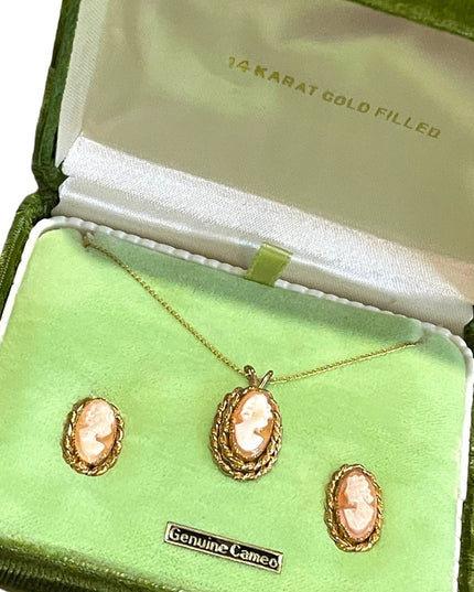 Vintage 1960s 14K Gold Filled Shell Cameo SET necklace earrings In orig box