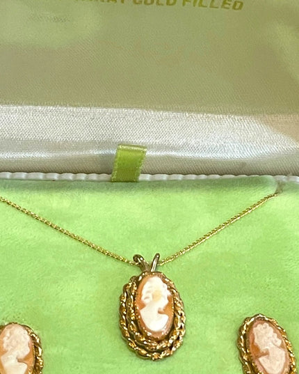 Vintage 1960s 14K Gold Filled Shell Cameo SET necklace earrings In orig box
