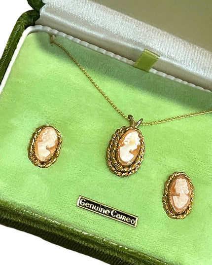 Vintage 1960s 14K Gold Filled Shell Cameo SET necklace earrings In orig box
