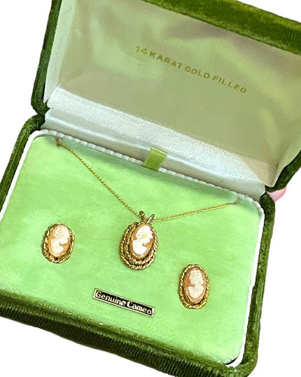 Vintage 1960s 14K Gold Filled Shell Cameo SET necklace earrings In orig box