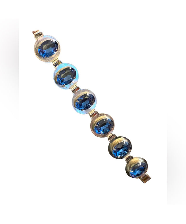 Vintage 1960s Silver finish Blue paste glass chunky statement crystal bracelet