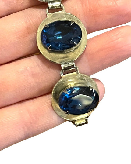 Vintage 1960s Silver finish Blue paste glass chunky statement crystal bracelet