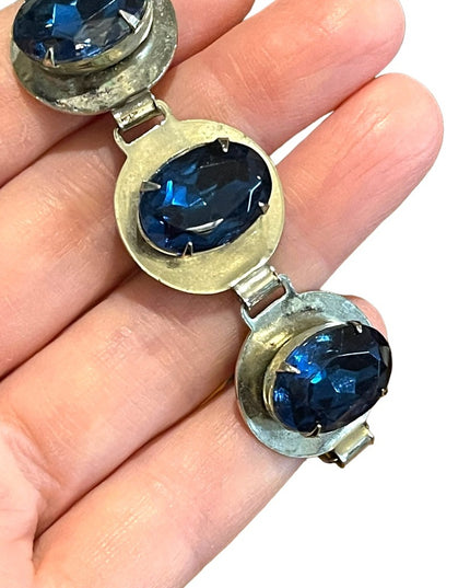 Vintage 1960s Silver finish Blue paste glass chunky statement crystal bracelet