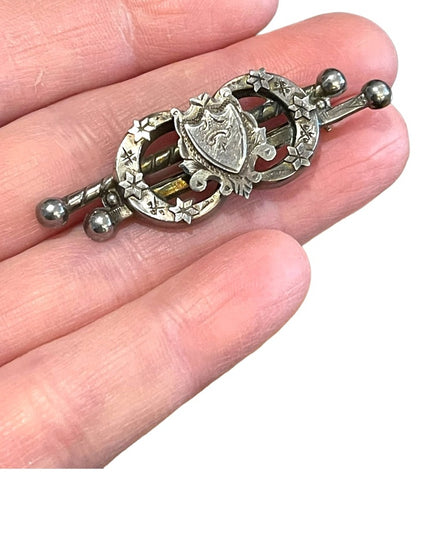 Antique Victorian Etched  Marson & Jones sterling silver bar brooch sterling