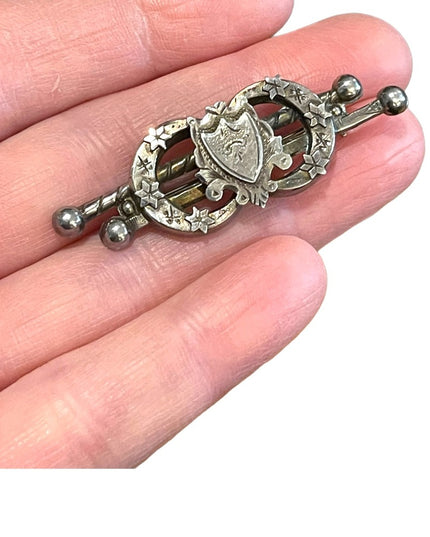 Antique Victorian Etched  Marson & Jones sterling silver bar brooch sterling