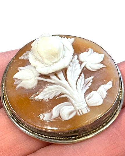Vintage Sterling silver High relief Round flower cameo Brooch