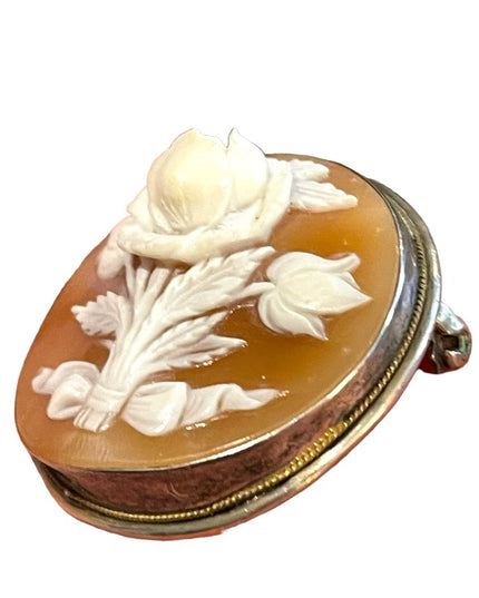 Vintage Sterling silver High relief Round flower cameo Brooch