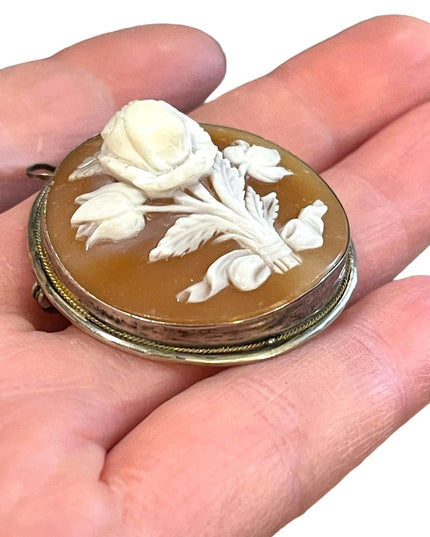 Vintage Sterling silver High relief Round flower cameo Brooch
