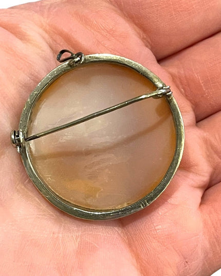 Vintage Sterling silver High relief Round flower cameo Brooch