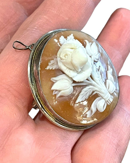 Vintage Sterling silver High relief Round flower cameo Brooch