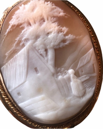 Antique Large Gold filled shell Cameo 2.5” Victorian Scene