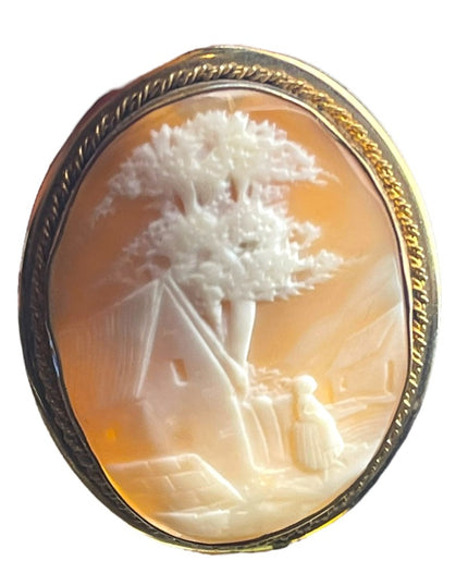 Antique Large Gold filled shell Cameo 2.5” Victorian Scene