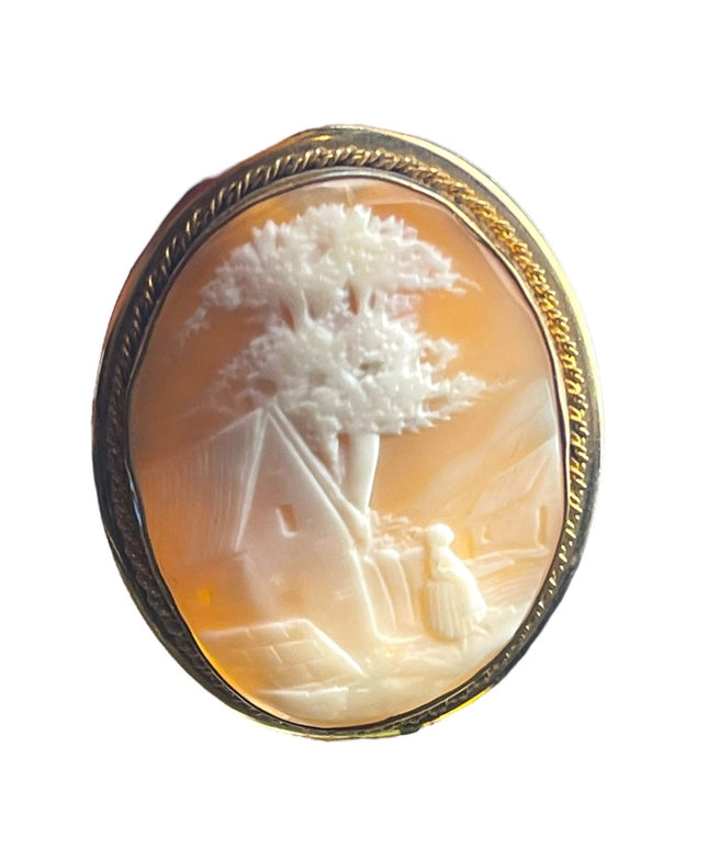 Antique Large Gold filled shell Cameo 2.5” Victorian Scene