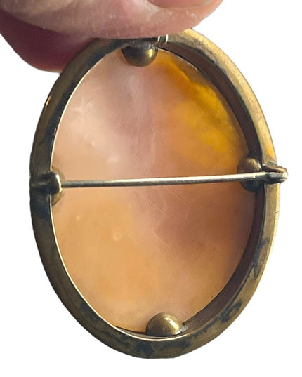 Antique Large Gold filled shell Cameo 2.5” Victorian Scene