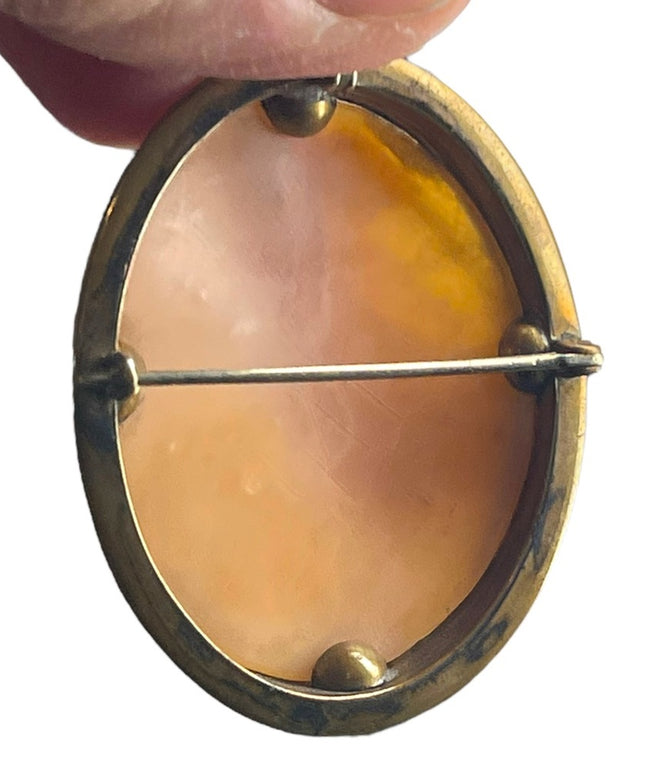 Antique Large Gold filled shell Cameo 2.5” Victorian Scene