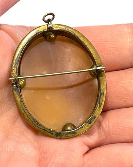 Antique Large Gold filled shell Cameo 2.5” Victorian Scene