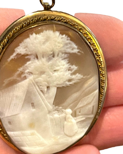 Antique Large Gold filled shell Cameo 2.5” Victorian Scene