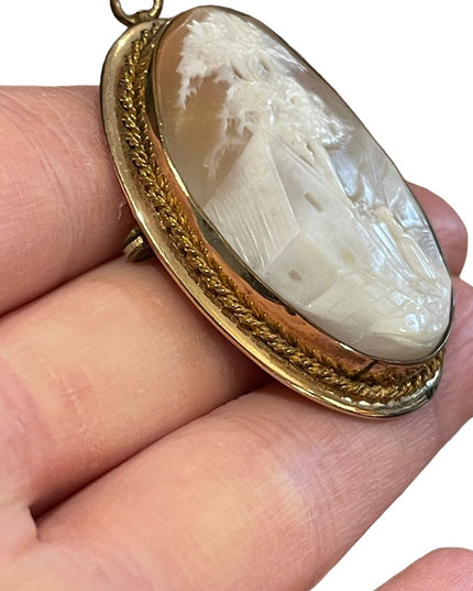 Antique Large Gold filled shell Cameo 2.5” Victorian Scene