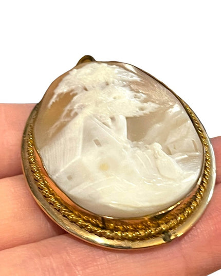 Antique Large Gold filled shell Cameo 2.5” Victorian Scene