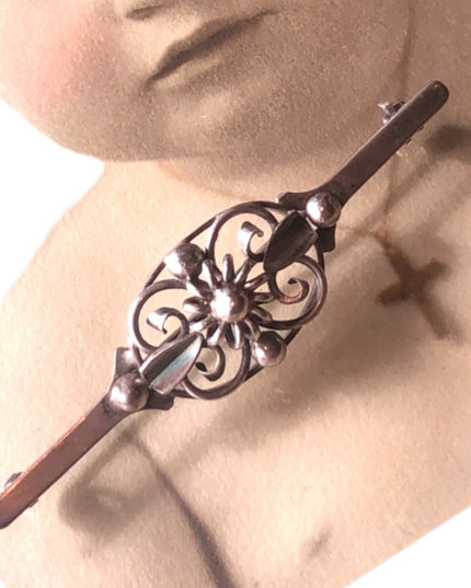Victorian Sterling silver 830 bar brooch Antique ornate flower pearl