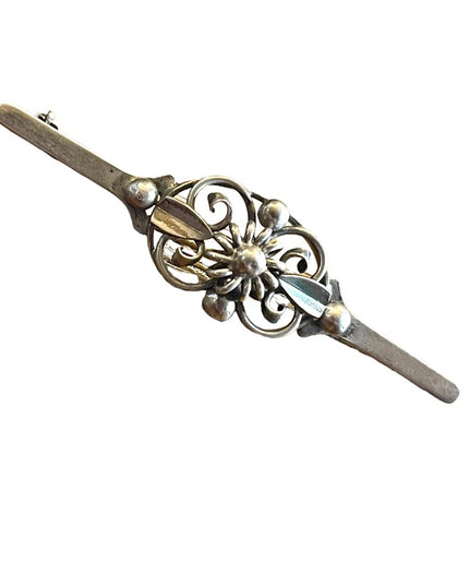 Victorian Sterling silver 830 bar brooch Antique ornate flower pearl