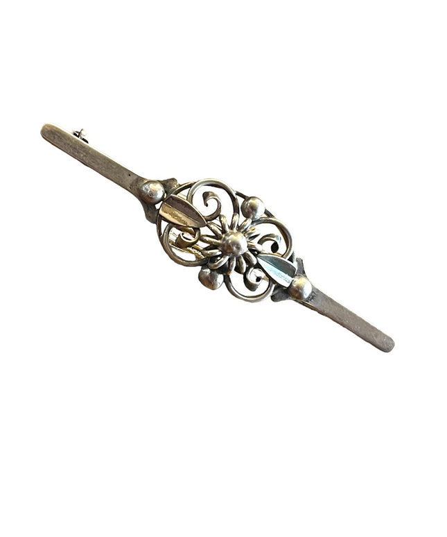 Victorian Sterling silver 830 bar brooch Antique ornate flower pearl