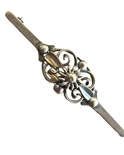 Victorian Sterling silver 830 bar brooch Antique ornate flower pearl