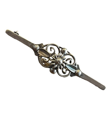Victorian Sterling silver 830 bar brooch Antique ornate flower pearl
