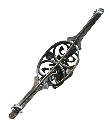 Victorian Sterling silver 830 bar brooch Antique ornate flower pearl