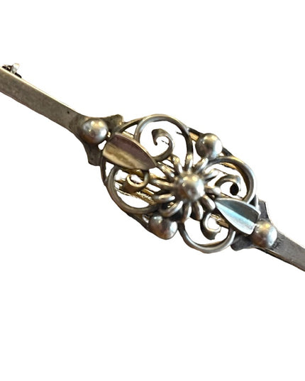 Victorian Sterling silver 830 bar brooch Antique ornate flower pearl