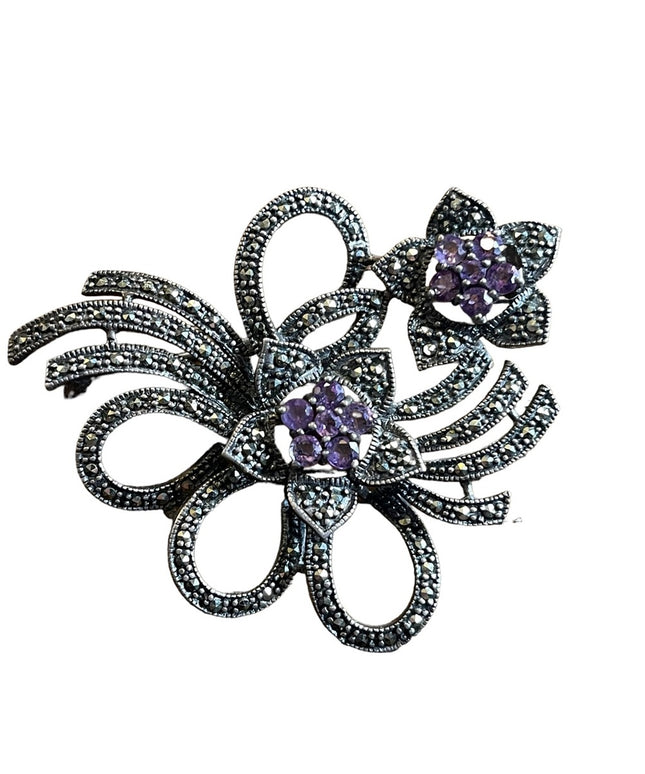 Vintage Amethyst Marcasite sterling silver 925 ornate large brooch