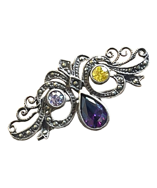 Vintage sterling silver 925 marcasite Amethyst & crystal stone brooch