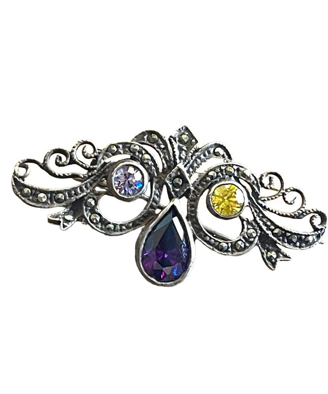 Vintage sterling silver 925 marcasite Amethyst & crystal stone brooch
