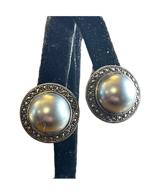 Vintage sterling silver 925 ACI marcasite Tahisian pearl earrings