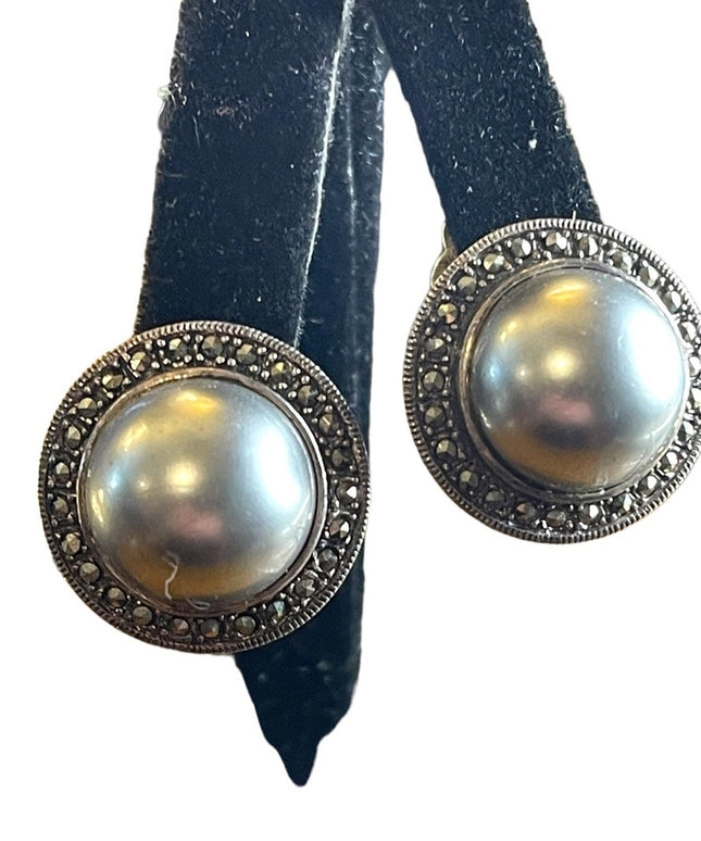 Vintage sterling silver 925 ACI marcasite Tahisian pearl earrings