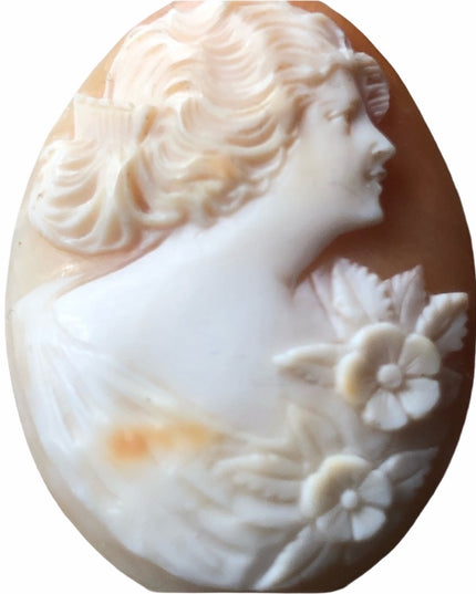 Vintage Hand carved Carnelian shell Loose Cameo girl with flowers