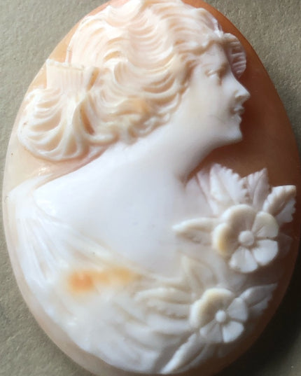 Vintage Hand carved Carnelian shell Loose Cameo girl with flowers