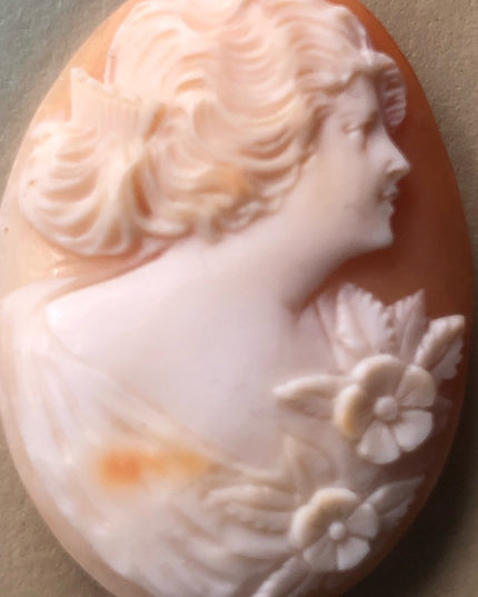 Vintage Hand carved Carnelian shell Loose Cameo girl with flowers