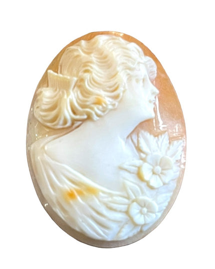 Vintage Hand carved Carnelian shell Loose Cameo girl with flowers