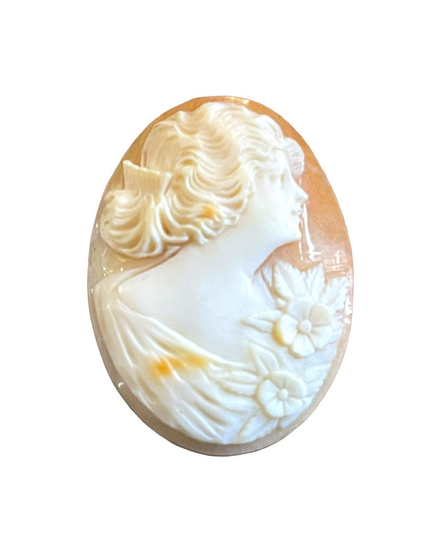 Vintage Hand carved Carnelian shell Loose Cameo girl with flowers