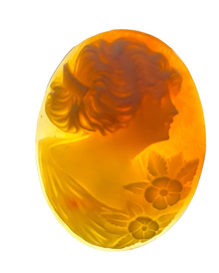 Vintage Hand carved Carnelian shell Loose Cameo girl with flowers