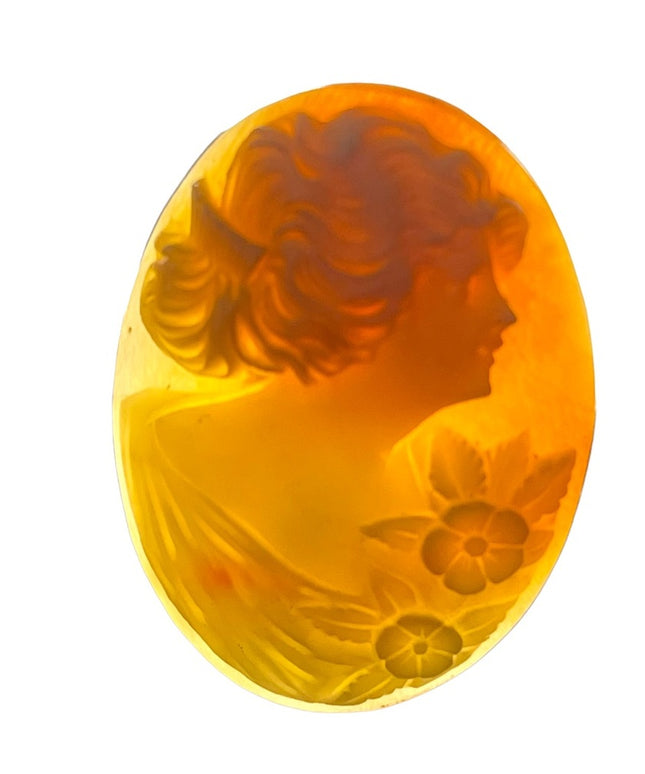 Vintage Hand carved Carnelian shell Loose Cameo girl with flowers