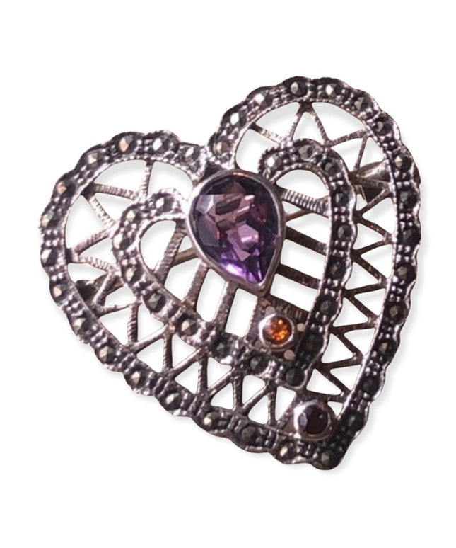 Vintage Amethyst sterling silver ornate marcasite heart brooch