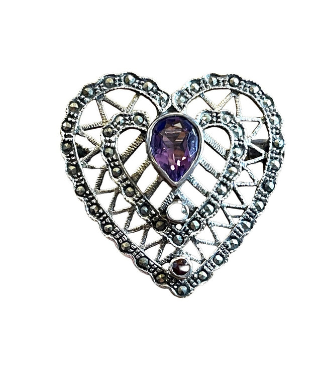 Vintage Amethyst sterling silver ornate marcasite heart brooch