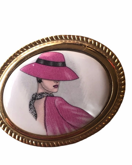 Italian ceramic gold finish hand painted Lady cameo brooch