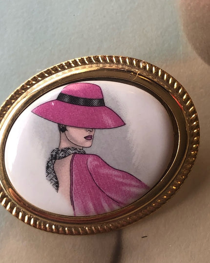 Italian ceramic gold finish hand painted Lady cameo brooch