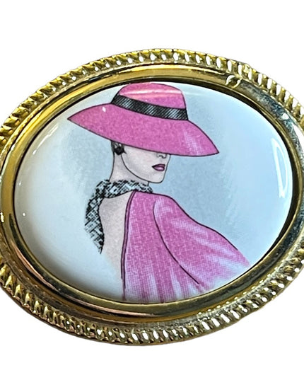 Italian ceramic gold finish hand painted Lady cameo brooch