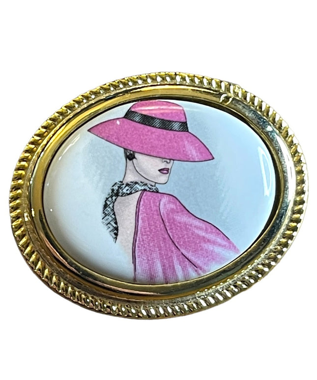 Italian ceramic gold finish hand painted Lady cameo brooch