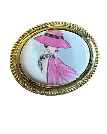 Italian ceramic gold finish hand painted Lady cameo brooch